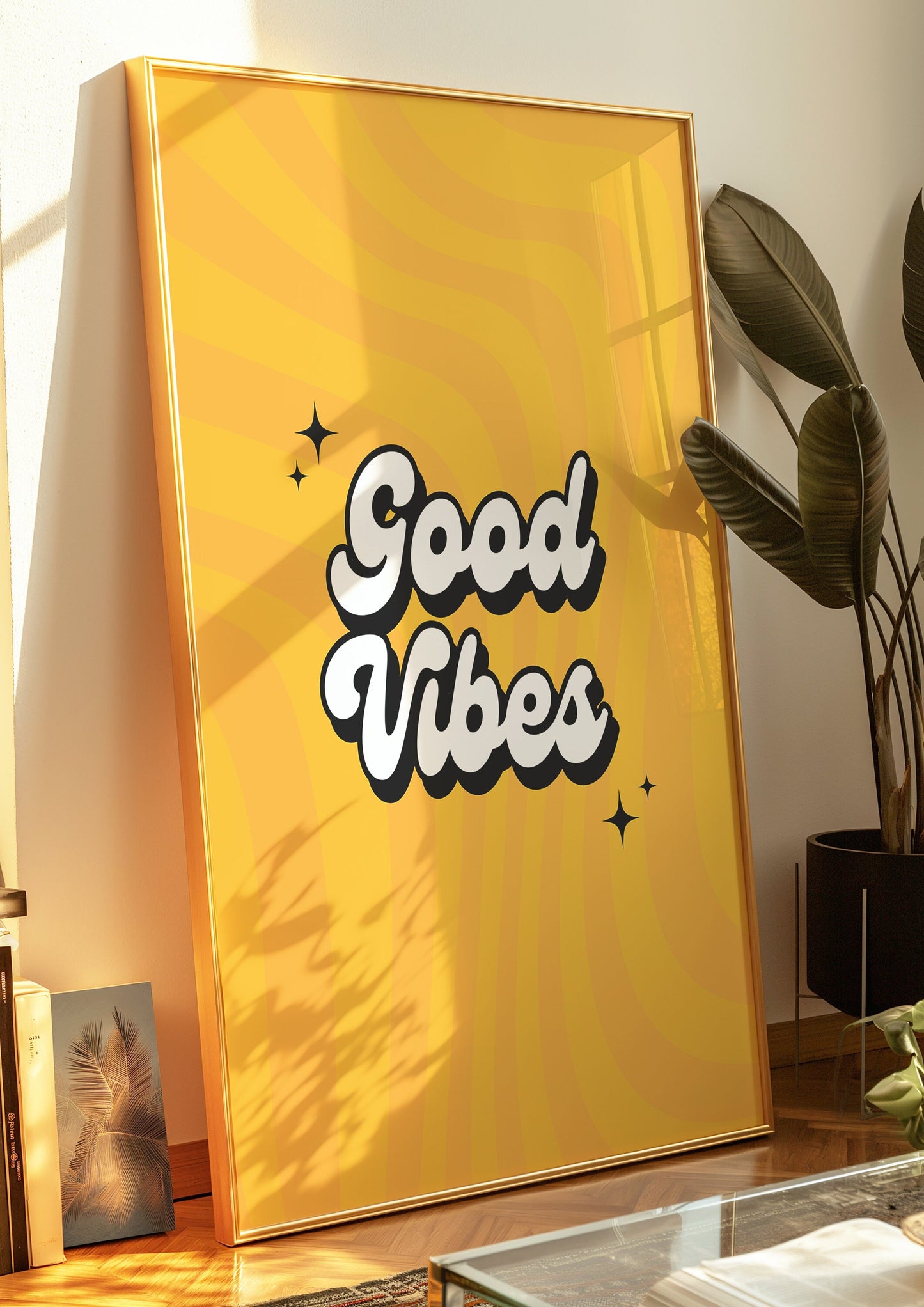 Good Vibes Retro Poster, Positive Quote Wall Art, Inspirational Typography Print, Yellow Motivational Decor, Uplift Art for Home or Office