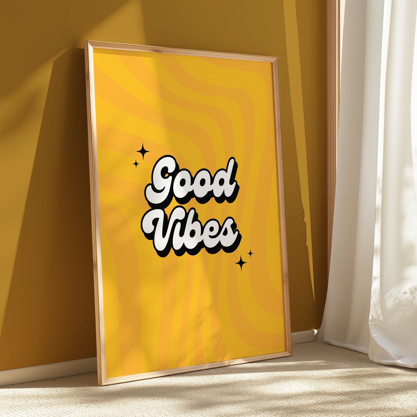 Good Vibes Retro Poster, Positive Quote Wall Art, Inspirational Typography Print, Yellow Motivational Decor, Uplift Art for Home or Office