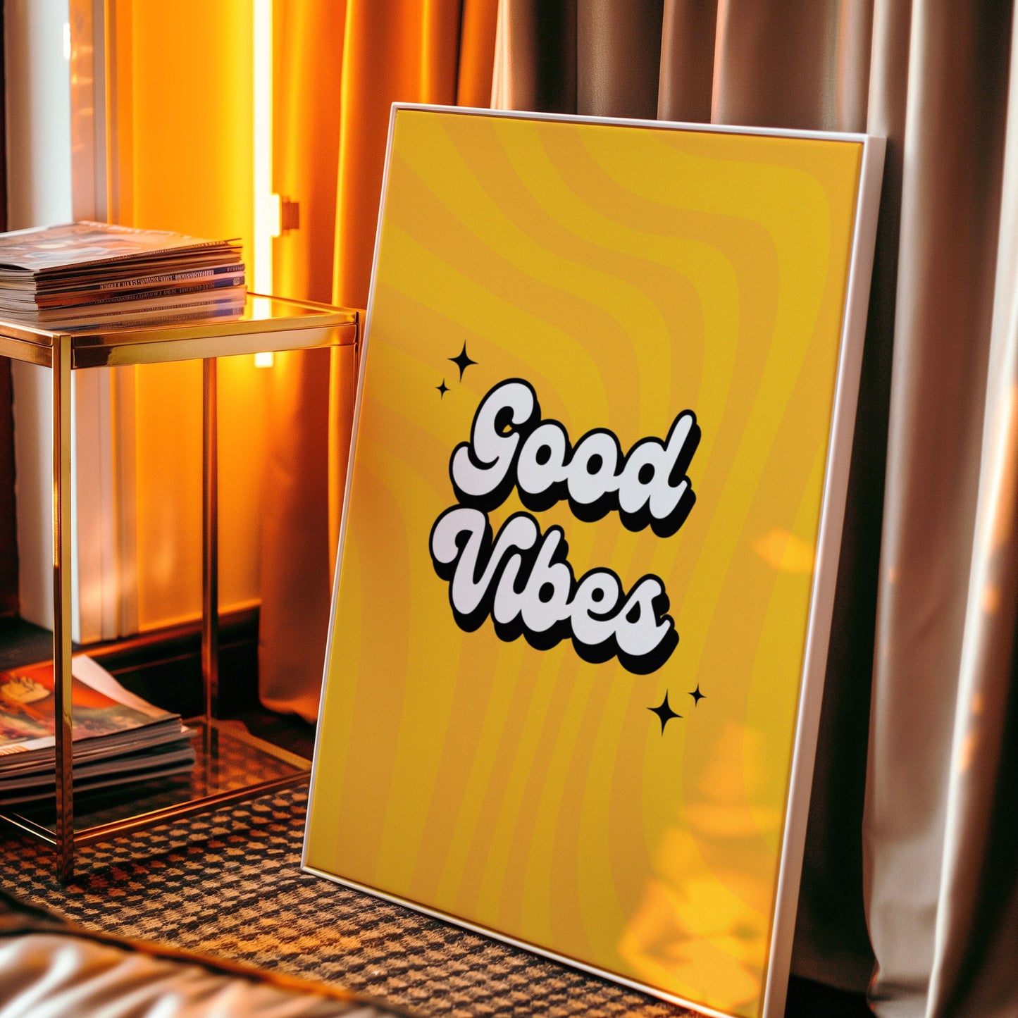 Good Vibes Retro Poster, Positive Quote Wall Art, Inspirational Typography Print, Yellow Motivational Decor, Uplift Art for Home or Office