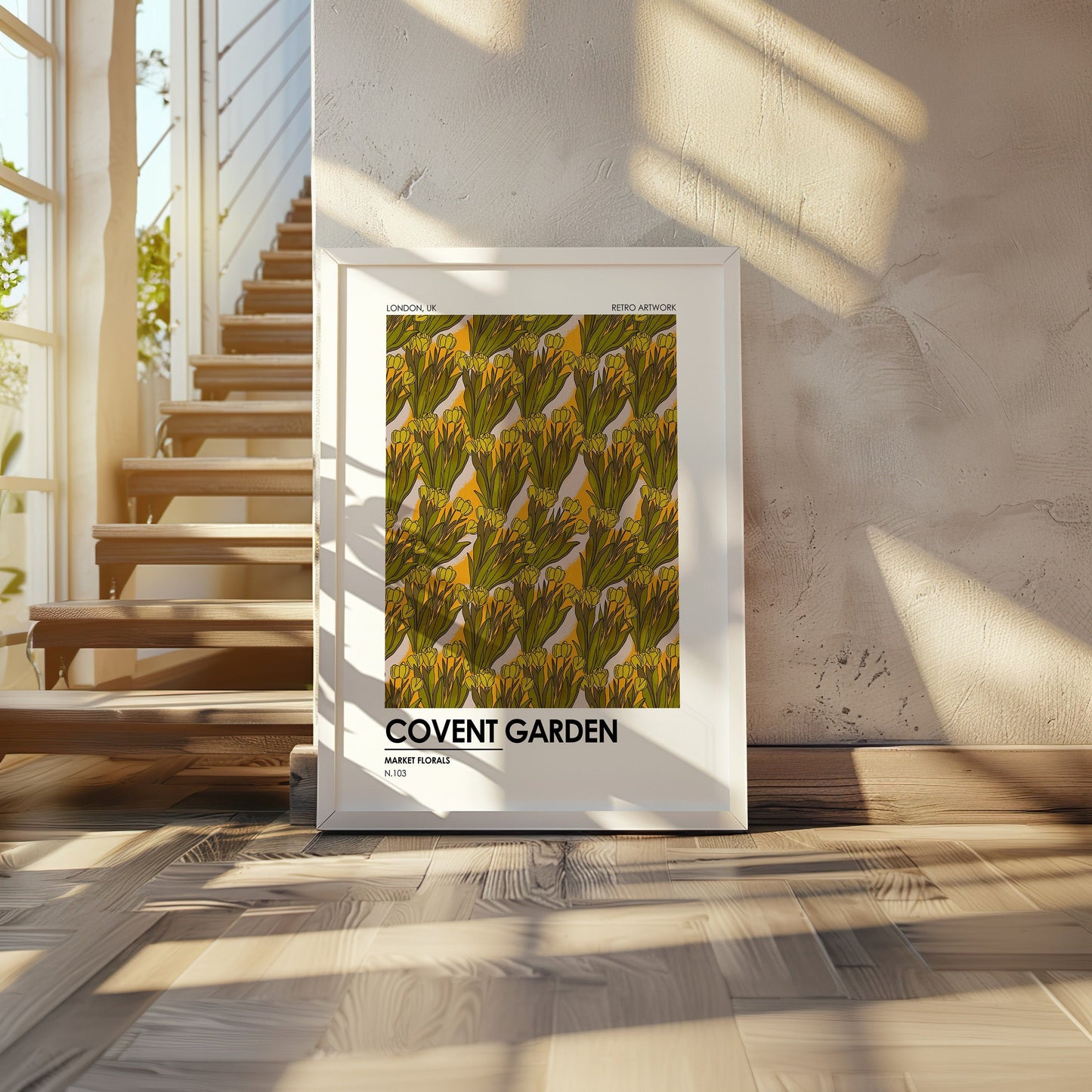 A framed retro artwork titled &quot;Covent Garden&quot; featuring a vibrant pattern of yellow and green florals, capturing the essence of London’s iconic flower market, ideal for adding a touch of elegance to your home decor.