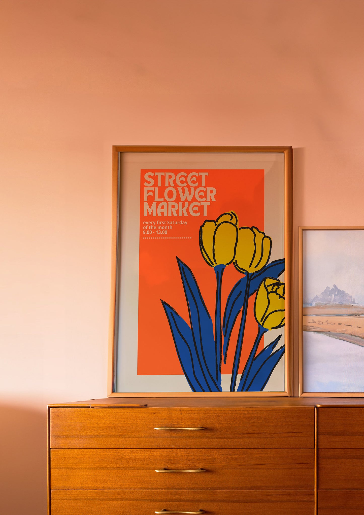 Street Flower Market Poster, Orange&Blue Tulip Poster, Vibrant Flower Market Print, Retro Floral Art, Urban Floral Art, Modern Botanical Art