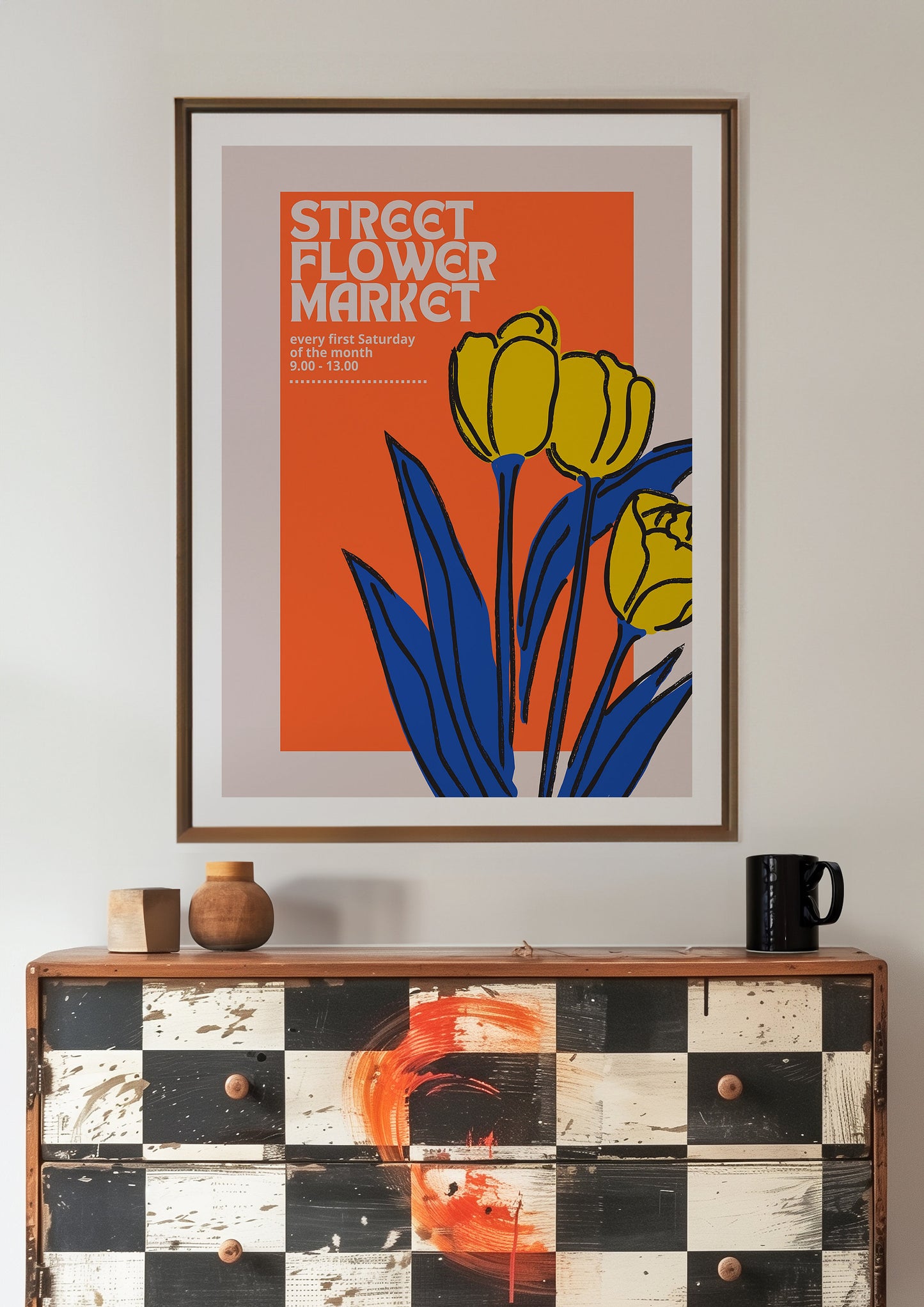 Street Flower Market Poster, Orange&Blue Tulip Poster, Vibrant Flower Market Print, Retro Floral Art, Urban Floral Art, Modern Botanical Art