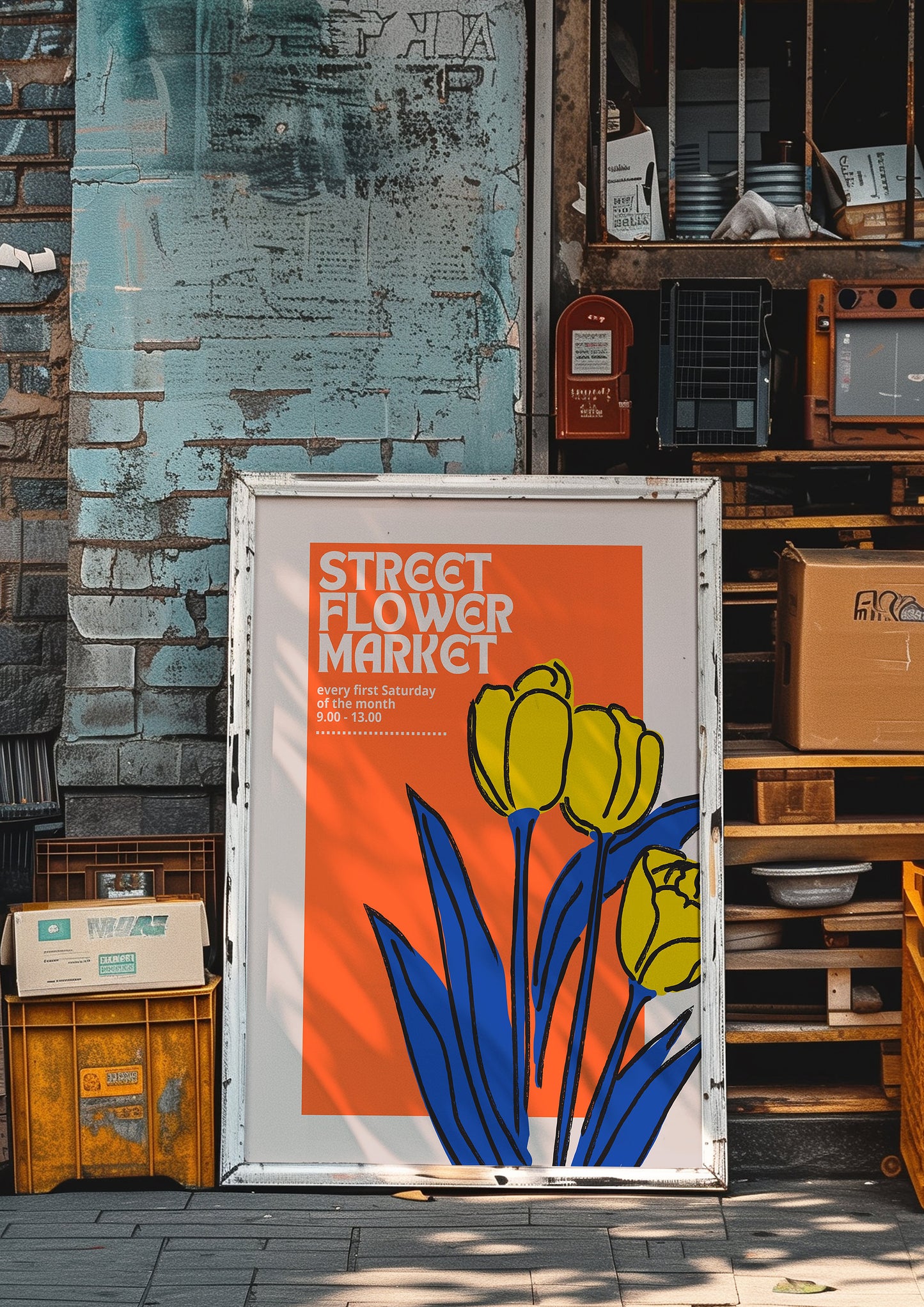 Street Flower Market Poster, Orange&Blue Tulip Poster, Vibrant Flower Market Print, Retro Floral Art, Urban Floral Art, Modern Botanical Art