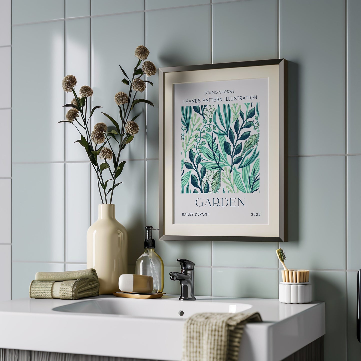 A botanical wall art poster titled &quot;Garden&quot; featuring a detailed pattern of green and blue leaves, perfect for adding a touch of nature-inspired elegance to your bathroom decor.