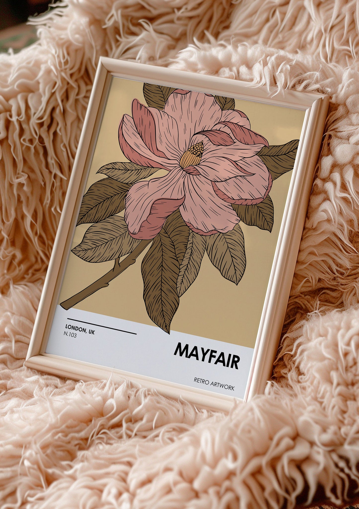 Mayfair Floral Retro Poster, Pink&Beige Flower Illustration, Vintage-Inspired Art, London Botanical, Mayfair Series No. 103, Elegant Floral