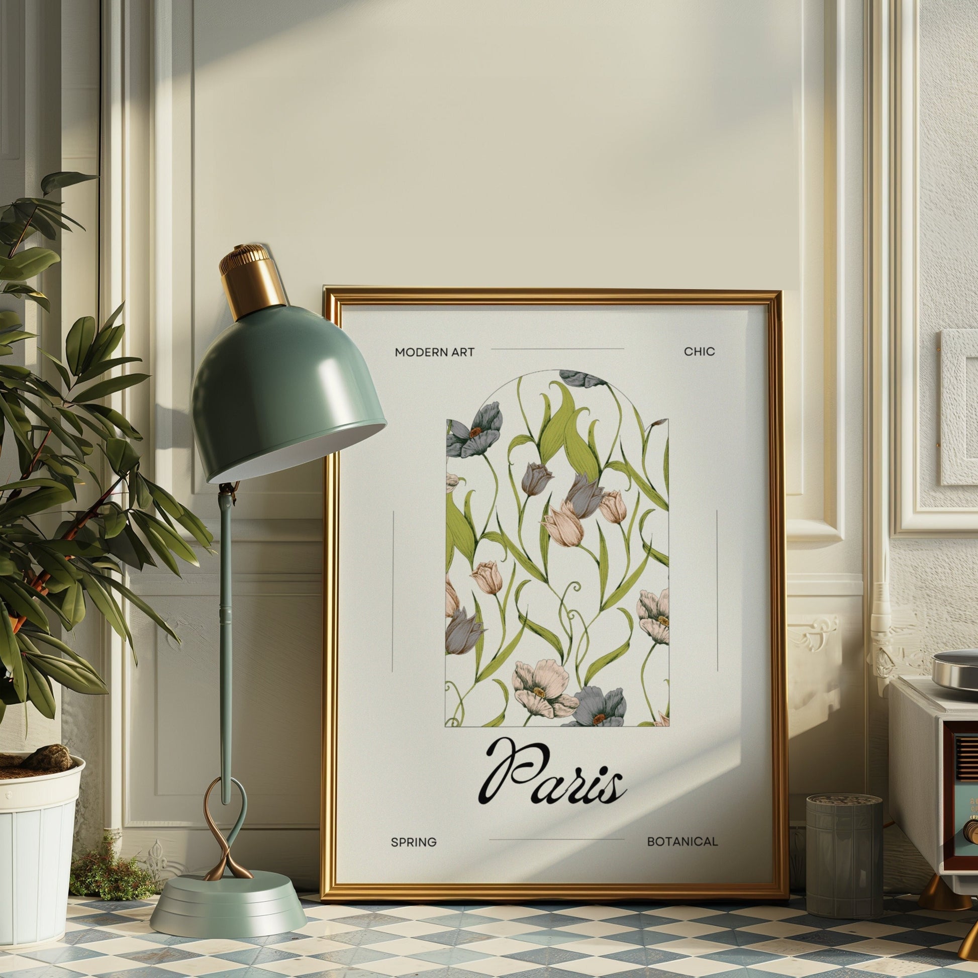 A framed botanical art print titled &quot;Paris&quot; featuring an elegant floral illustration within an arch, showcasing spring flowers in soft green and beige tones, perfect for adding a touch of French country style to any space.