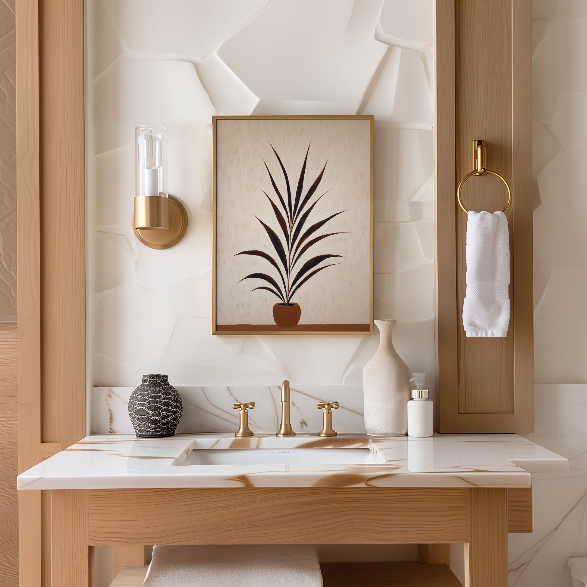 Minimalist poster featuring a potted plant in neutral tones, ideal for adding a touch of boho chic to any space.