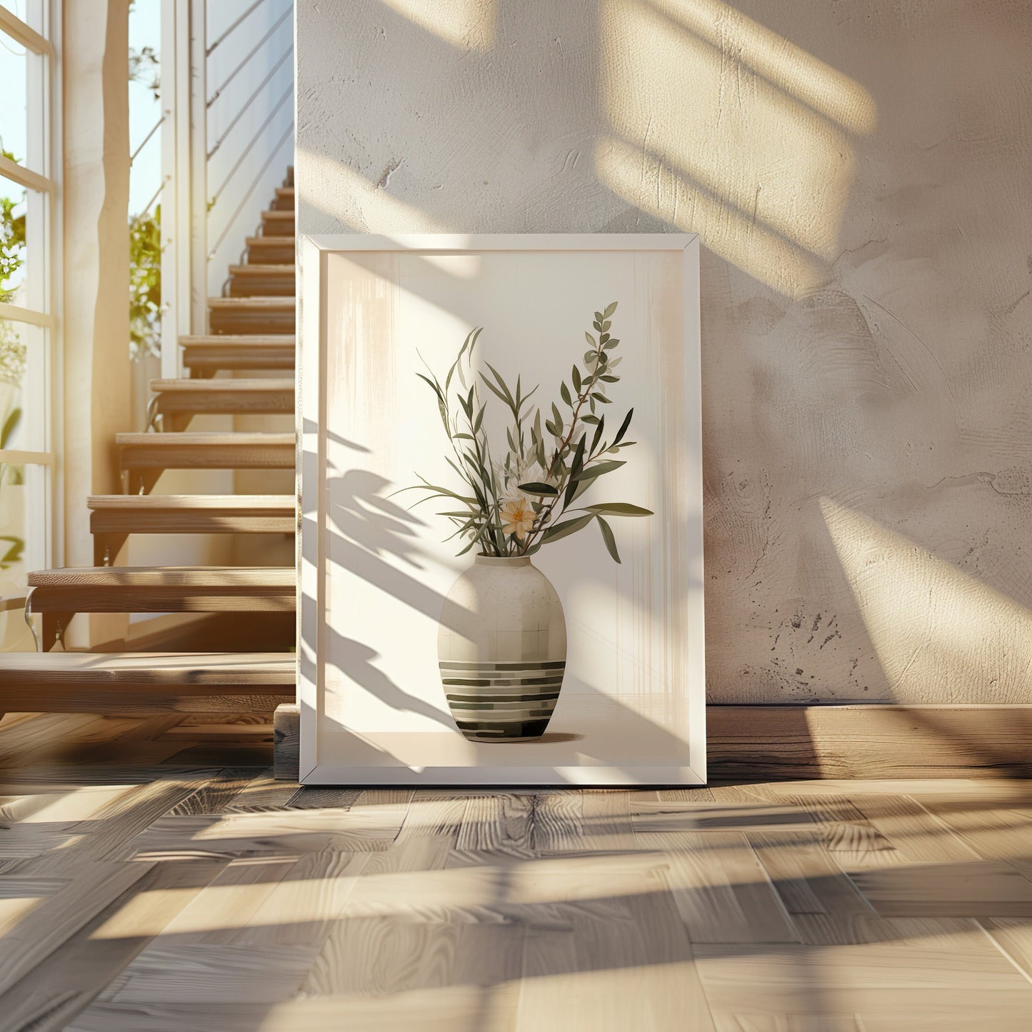 Botanical art print featuring olive branches arranged in a striped vase, ideal for neutral and minimalist decor.