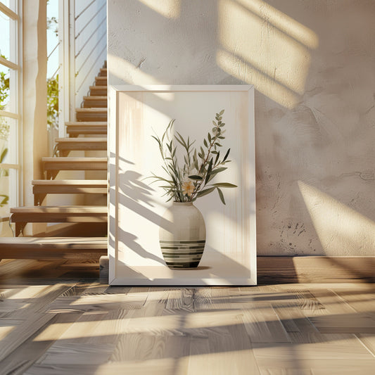 Botanical art print featuring olive branches arranged in a striped vase, ideal for neutral and minimalist decor.