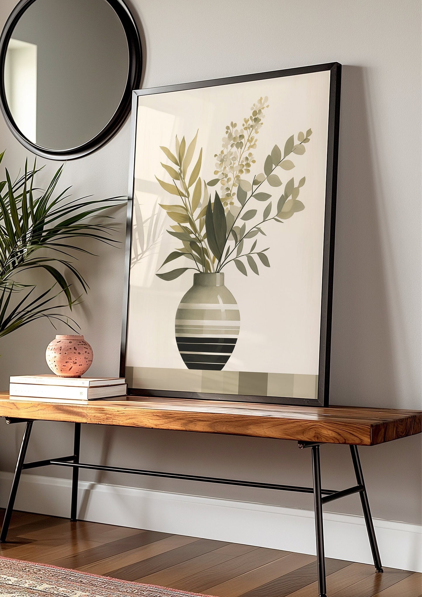 Botanical art print featuring a variety of green leaves arranged in a striped vase, ideal for neutral and minimalist decor.