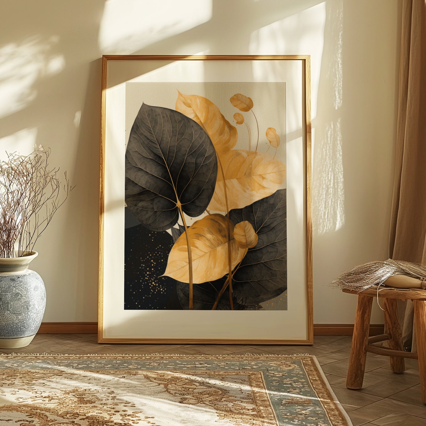 Golden Leaves Botanical Art Print, Elegant Black and Gold Wall Decor, Modern Nature-Inspired Home Accent,