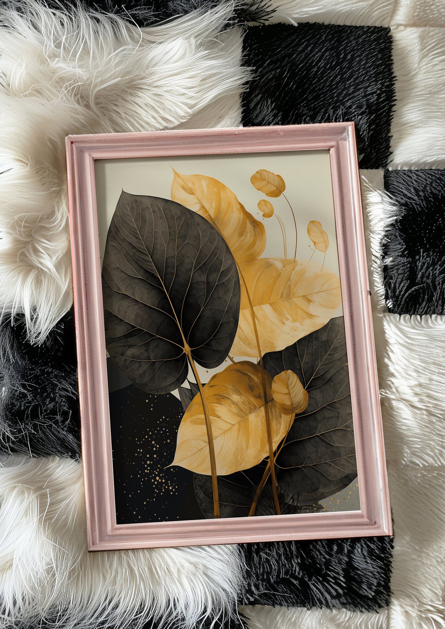 Golden Leaves Botanical Art Print, Elegant Black and Gold Wall Decor, Modern Nature-Inspired Home Accent,