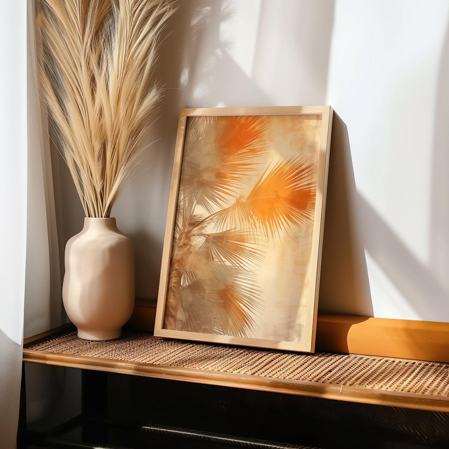 A captivating art print featuring the reflection of palm fronds against a warm, sunset-toned background, perfect for adding a touch of tropical warmth to any space.