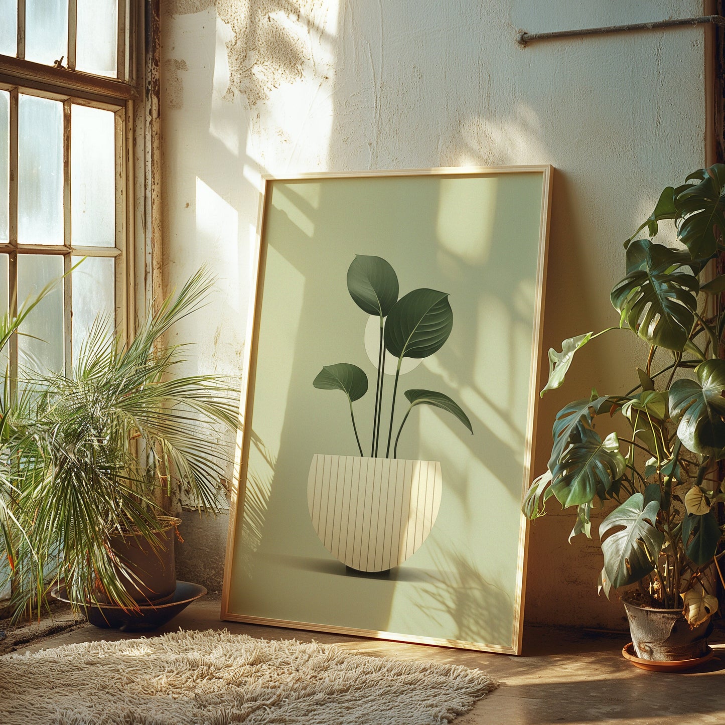 A minimalist art print featuring a stylized green plant in a white pot, perfect for enhancing a natural, serene ambiance in any living space.