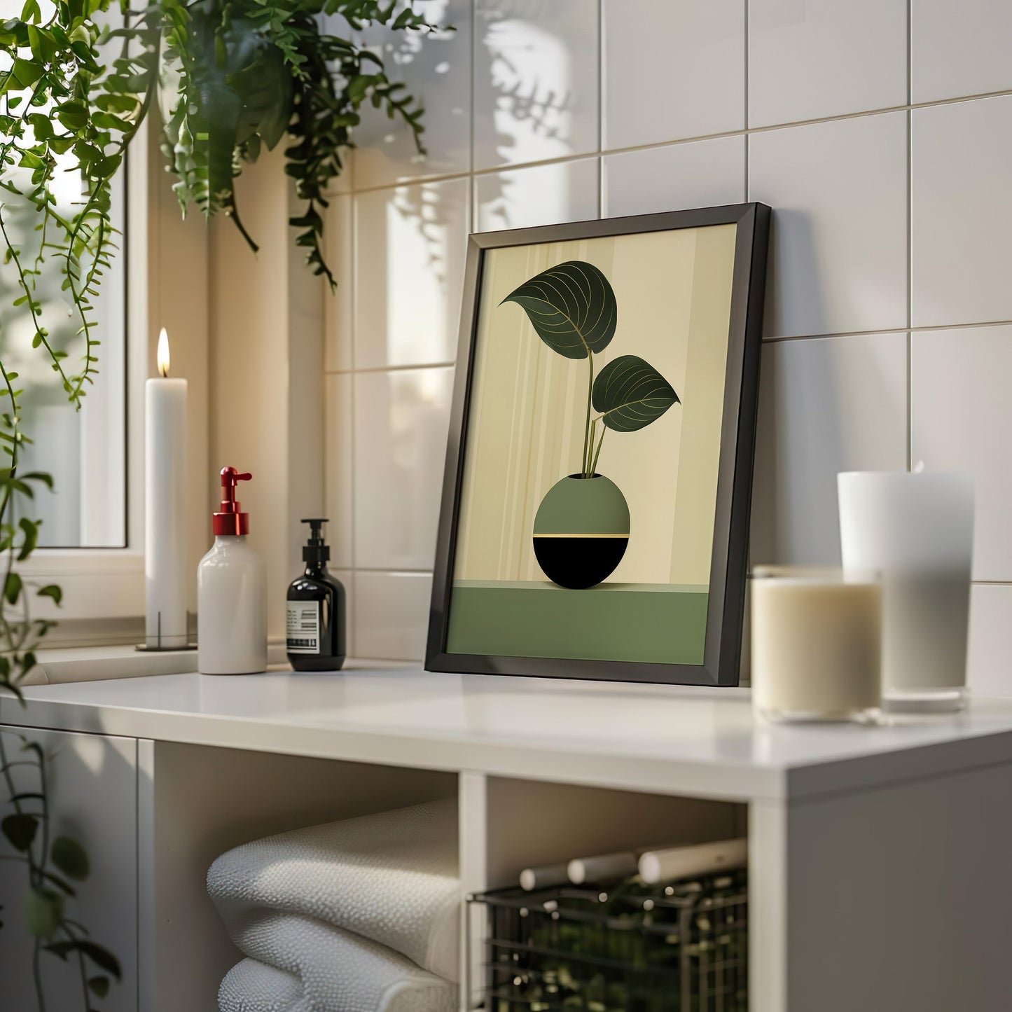 A modern minimalist art print featuring a geometric green plant in a spherical vase, designed to bring a fresh, contemporary touch to any space.