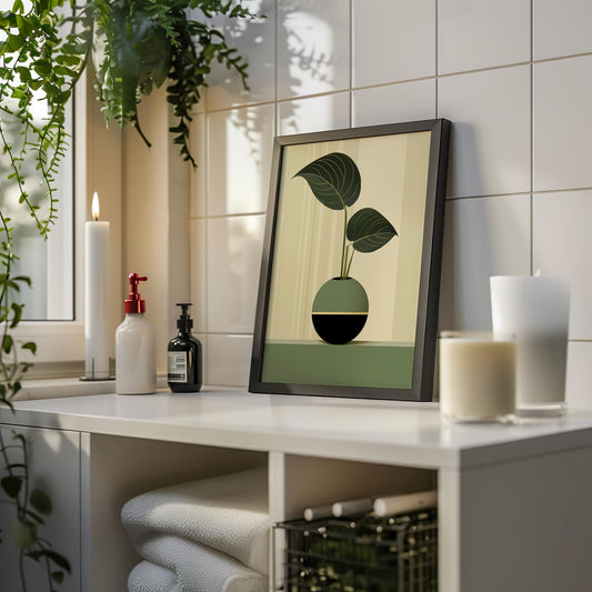 A modern minimalist art print featuring a geometric green plant in a spherical vase, designed to bring a fresh, contemporary touch to any space.