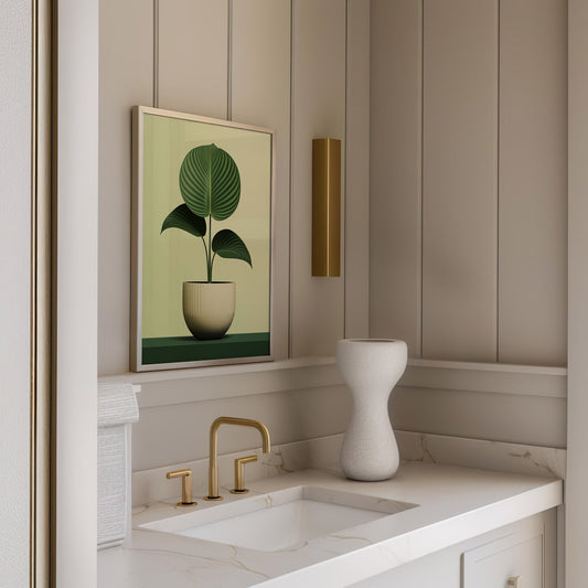 A contemporary art print showcasing a minimalist botanical illustration of a green plant in a beige pot, adding a modern and fresh touch to any interior space.