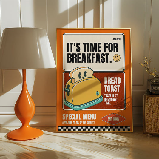 A retro-style poster with the text &quot;It&#39;s Time for Breakfast&quot; featuring a cheerful toaster and bread toast on an orange background.A vintage-style poster with &quot;It&#39;s Time for Breakfast&quot; text and a cheerful toaster and bread.