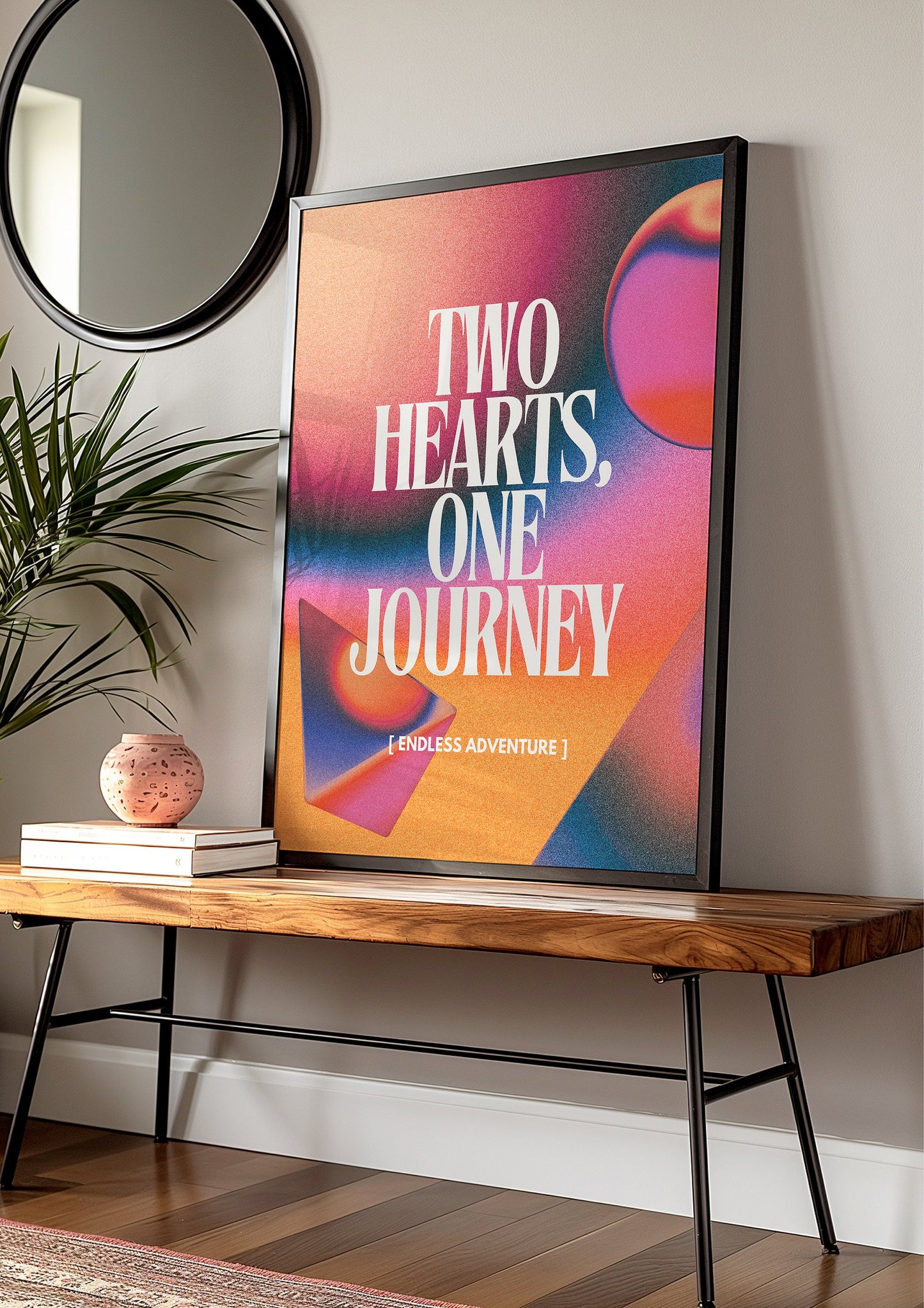Romantic Poster, "Two Hearts, One Journey", Couples Wall Art, Vibrant Gradient Design, Anniversary Gift, Love Quote