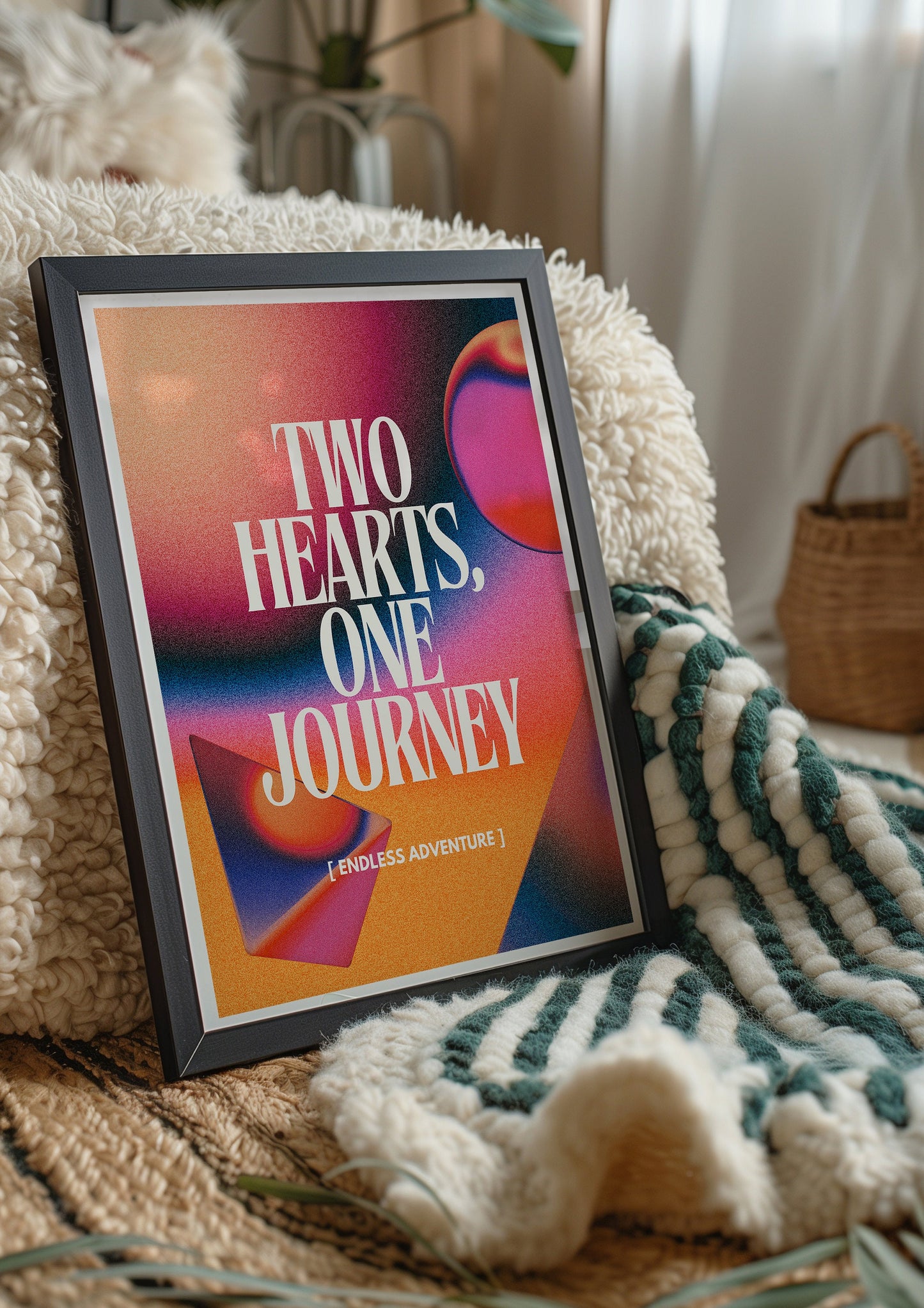 Romantic Poster, "Two Hearts, One Journey", Couples Wall Art, Vibrant Gradient Design, Anniversary Gift, Love Quote