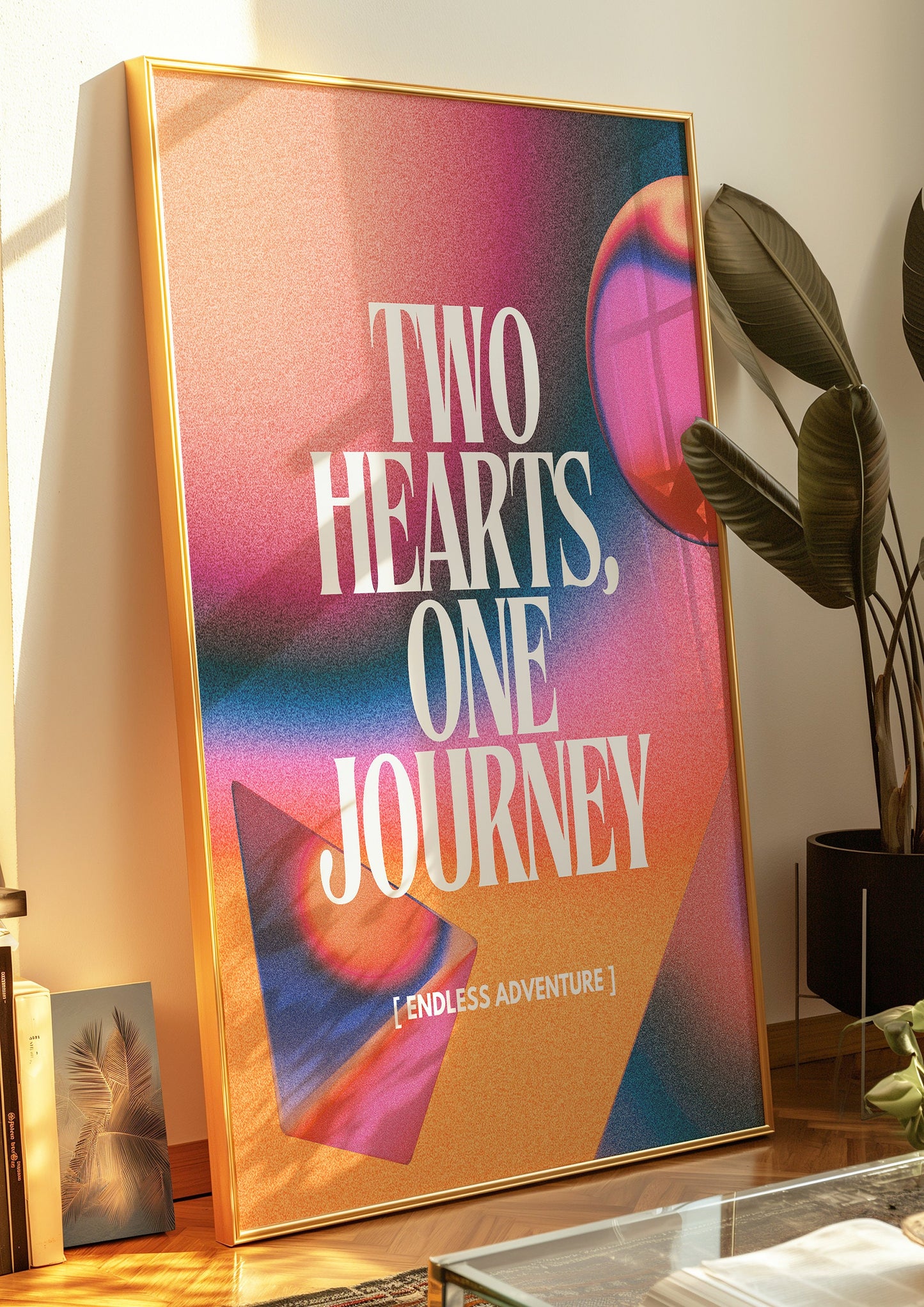 Romantic Poster, "Two Hearts, One Journey", Couples Wall Art, Vibrant Gradient Design, Anniversary Gift, Love Quote