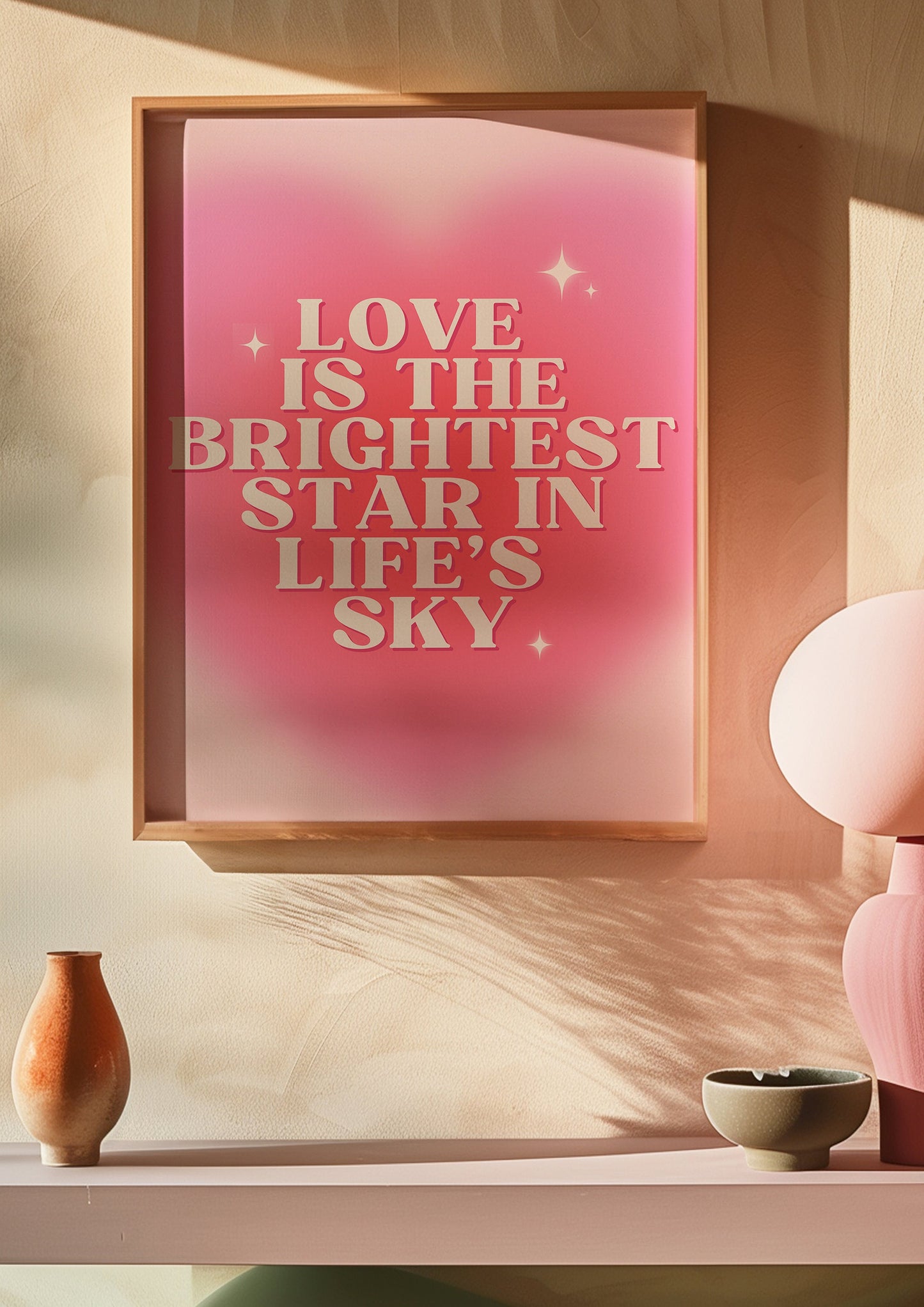 Pink Love Quote Poster, "Love is the Brightest Star", Romantic Wall Art, Inspirational Home Decor, Valentine's Day Gift