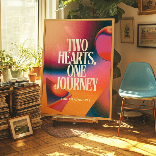 A love quote poster with the text "Two Hearts, One Journey" on a colorful gradient background.A romantic poster with vibrant gradient background featuring the quote "Two Hearts, One Journey" inspirational love poster on a vibrant gradient background.