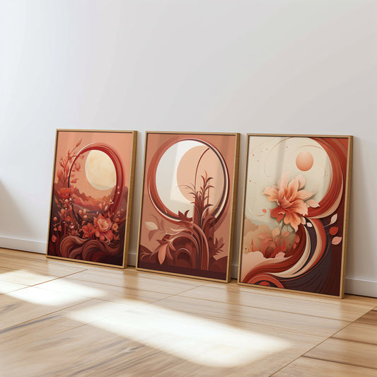 A set of three modern abstract floral art prints in warm red and orange tones, featuring minimalist and contemporary designs inspired by nature, perfect for adding a vibrant touch to any living space.