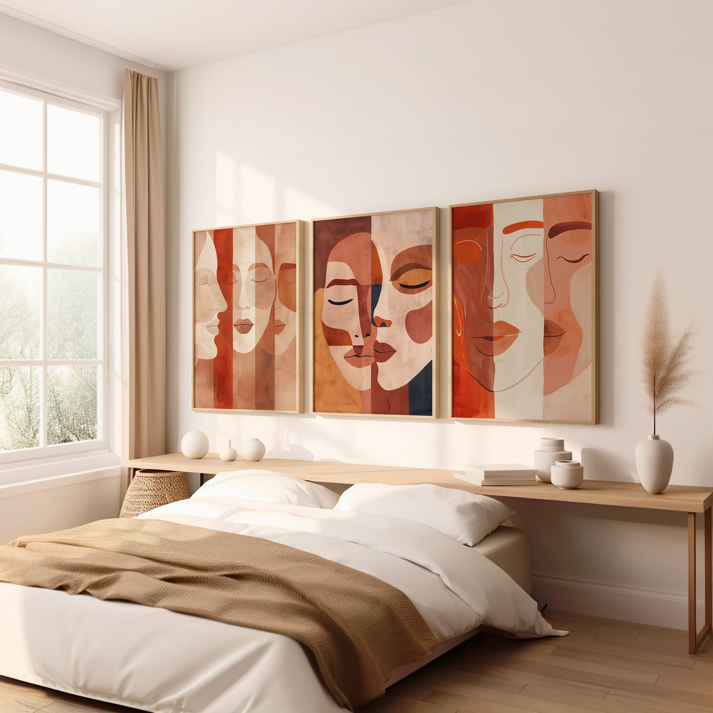 Expressionist Faces Art Prints, Set of Three Poster, Modern Portrait Art, Minimalist Wall Decor, Red and Beige Tones, Contemporary Decor