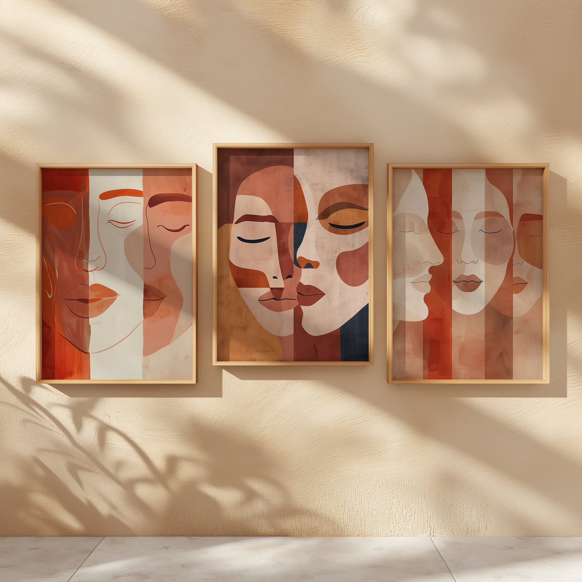 A set of three expressionist faces art prints with minimalist designs in warm red and beige tones, ideal for modern and contemporary home decor.