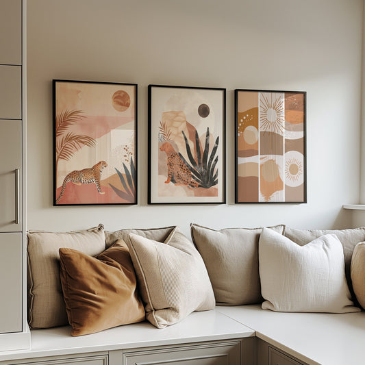 A three-piece poster set featuring leopards and abstract designs in warm, neutral tones, ideal for bohemian and modern safari-themed interiors.