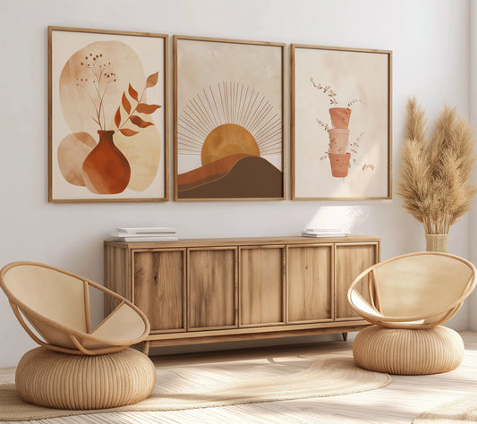 A three-piece poster set featuring minimalist designs of plants, sun, and abstract shapes in warm terracotta and beige tones, perfect for modern and bohemian home decor.