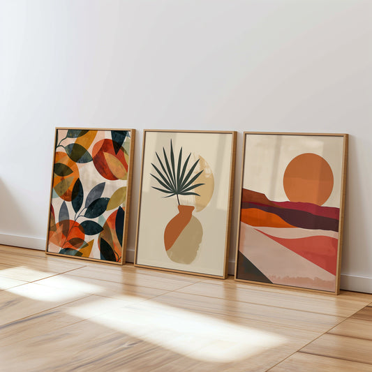 A three-piece poster set featuring abstract geometric designs in colorful, earthy tones, perfect for mid-century modern and bohemian home decor.