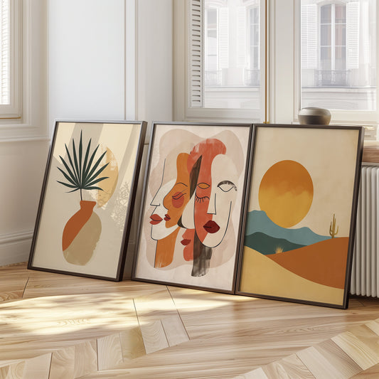 A three-piece poster set featuring abstract faces, a sunlit landscape, and a minimalist vase design in warm neutral tones, ideal for modern and bohemian home decor.