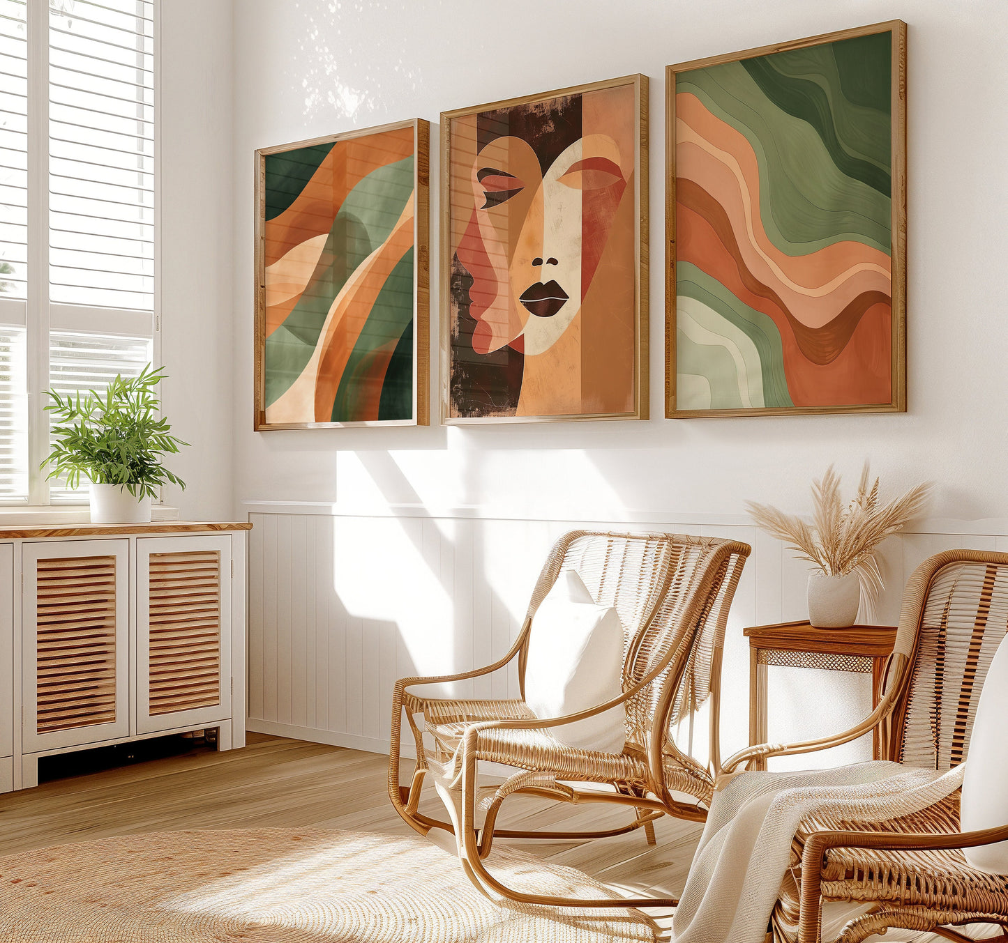 Abstract Faces and Waves Poster Set, Boho Wall Art, Three Piece Modern Art Prints, Earthy Tones Decor, Minimalist Bohemian Poster Set