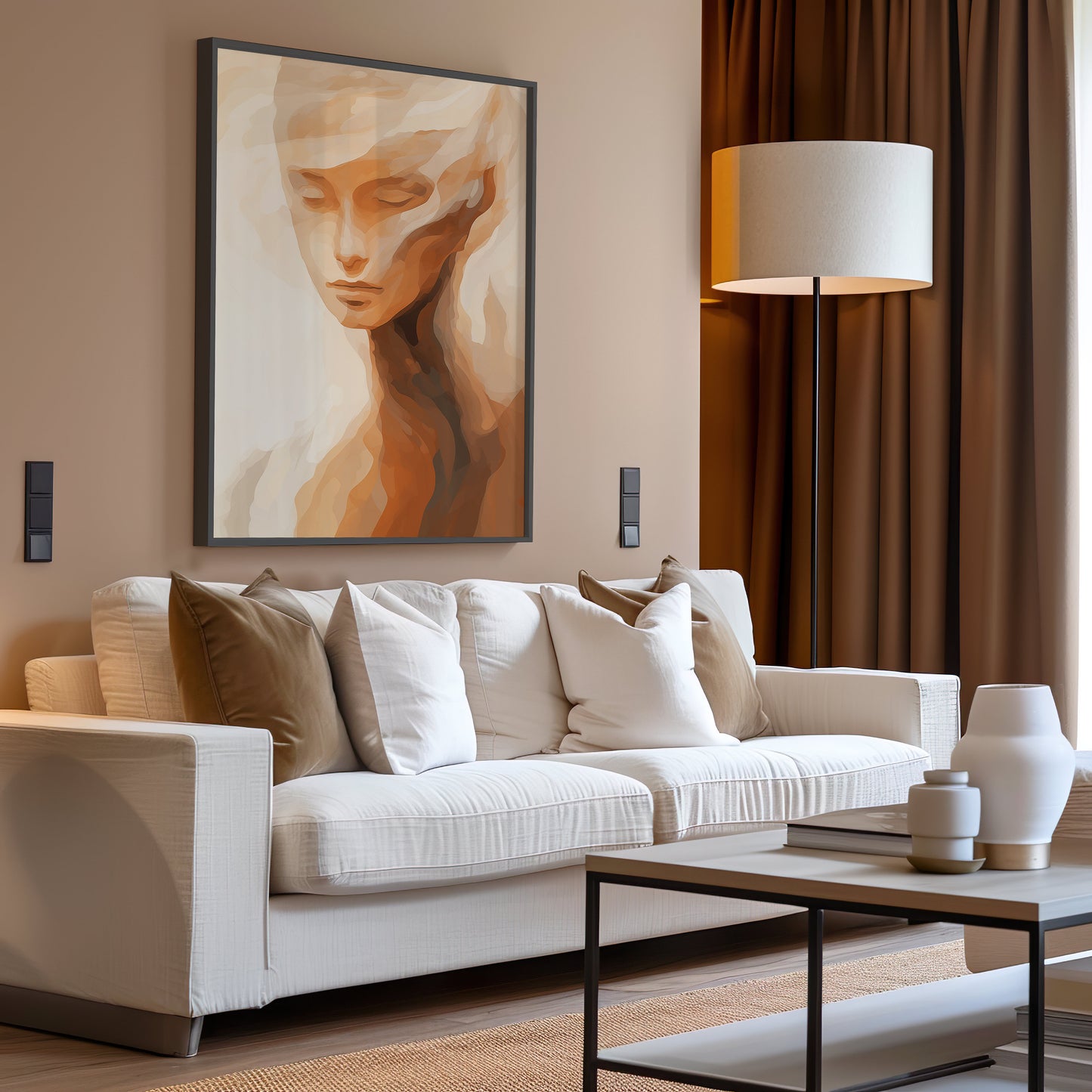 Abstract Feminine Portrait Art Print, Minimalist Boho Wall Decor, Earthy Tones Modern Art, Contemporary Face Poster, Serene Home Decor