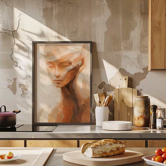 A serene abstract portrait of a woman in soft earthy tones, perfect for minimalist and bohemian home decor, adding a calm and elegant touch to any space.