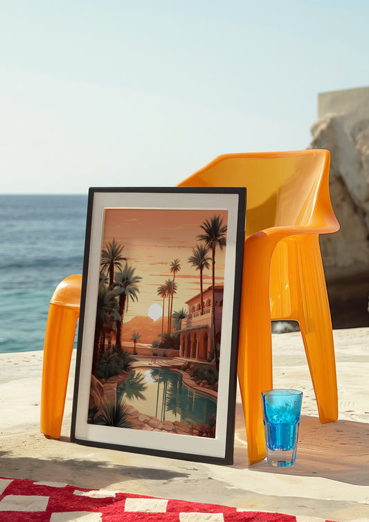 A vibrant art print featuring a Mediterranean oasis with a warm sunset, palm trees, and a tranquil villa, perfect for modern and vintage-inspired home decor.