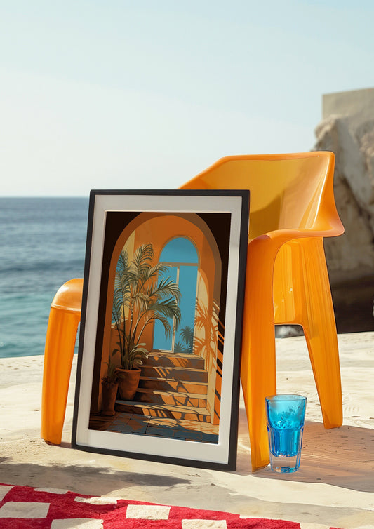 A vibrant art print featuring a Mediterranean-style archway with tropical plants, bathed in warm tones, perfect for modern and vintage-inspired home decor.