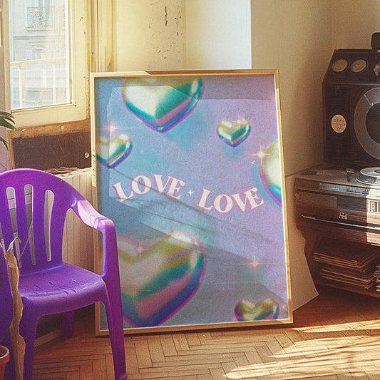 A retro aesthetic poster with the words &quot;Love Love&quot; featuring colorful heart designs in pastel shades.