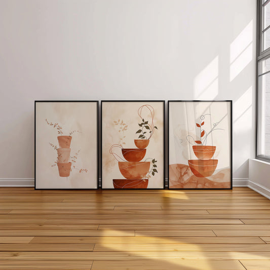 A set of three minimalist pottery-themed art prints featuring neutral tones and abstract designs, perfect for modern and boho-inspired home decor.