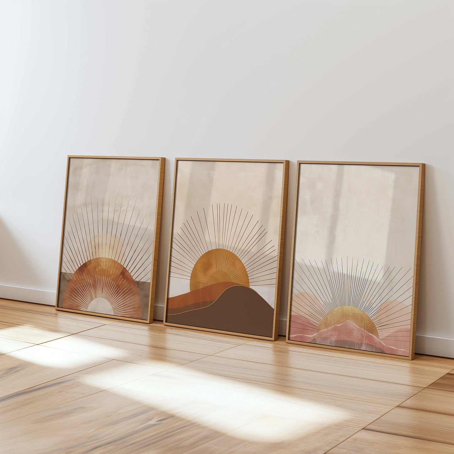 Minimalist Sunburst Poster Set, Modern Sunset Wall Art, Abstract Sun and Mountains Print Trio, Boho Earth Tones Decor, Sunburst Poster Set