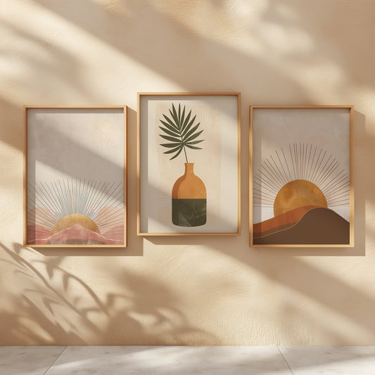 A set of three posters featuring a minimalist sunburst design, a palm leaf in a vase, and an abstract sunrise over mountains in warm earthy tones, perfect for modern boho decor.