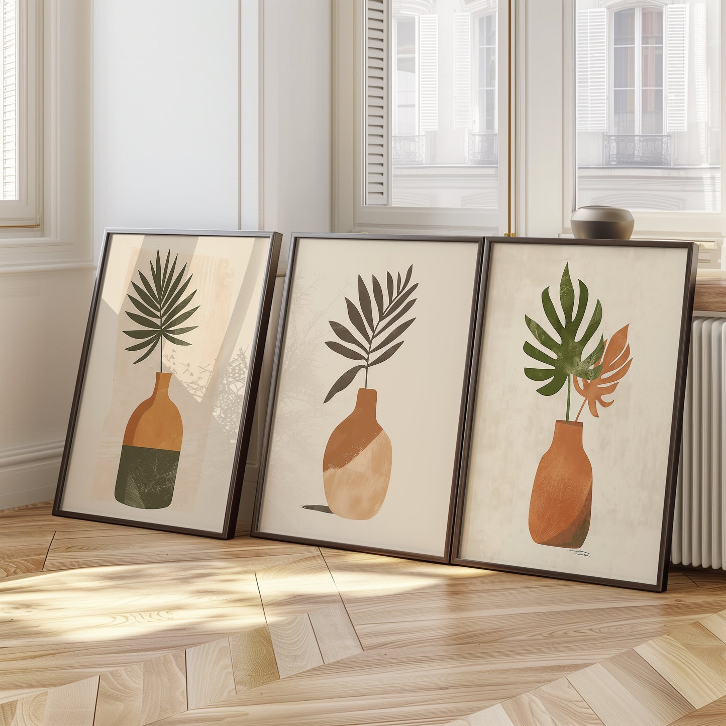 Minimalist Boho Palm Leaf Trio, Abstract Vase and Leaf Art Set, Modern Plant Wall Decor, Earthy Tones Botanical Prints, Set of Three