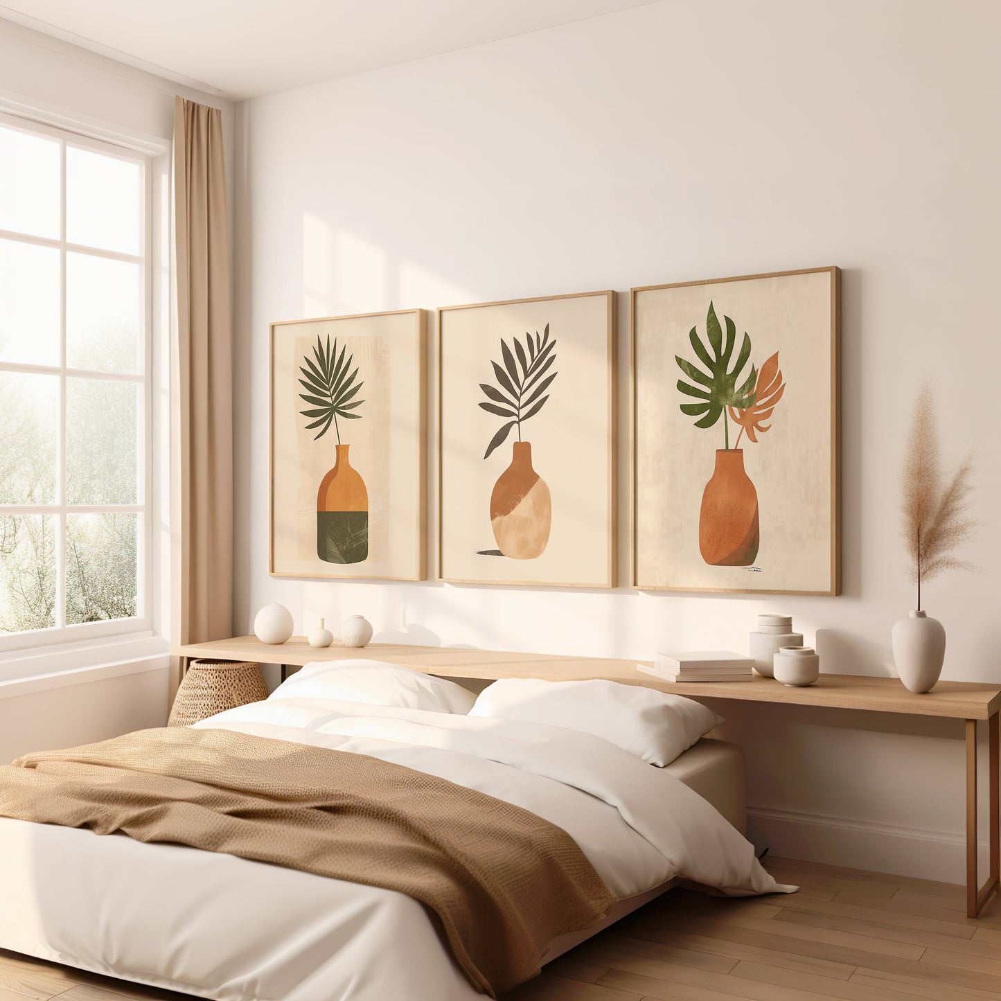 A set of three minimalist posters featuring abstract vases with palm and tropical leaves in warm earthy tones, ideal for modern boho decor.