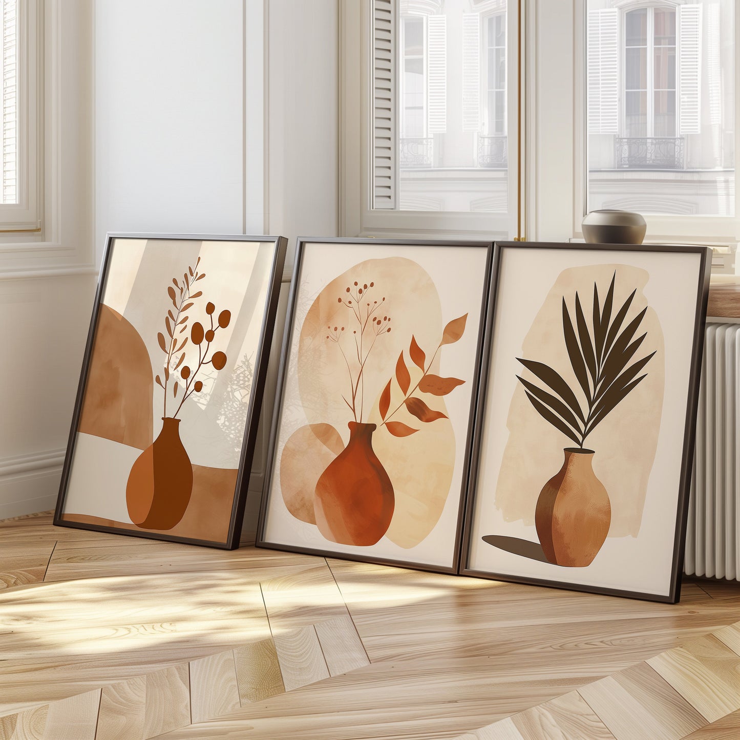 Abstract Boho Vase Trio, Earthy Tones Wall Art, Minimalist Botanical Prints Set, Modern Plant Decor, Set of Three Posters, Simple Wall Art