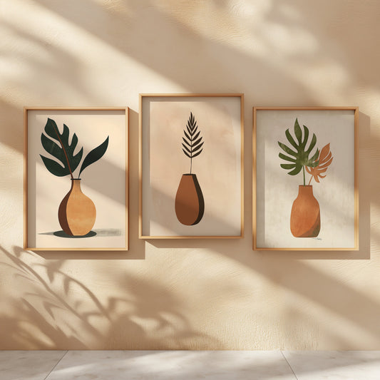 A set of three minimalist botanical vase art prints featuring simple plant designs in earthy tones, perfect for modern or bohemian home decor.