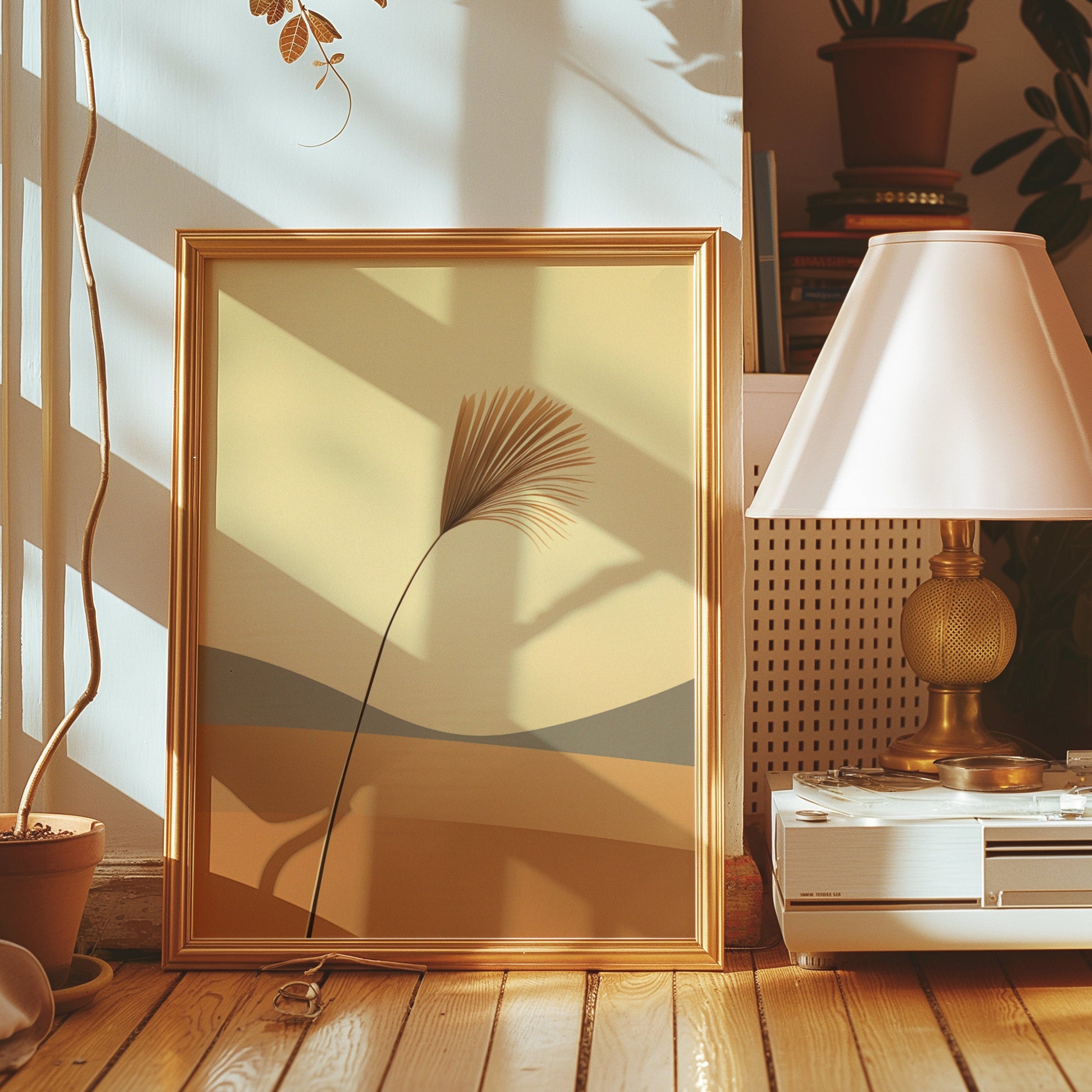 A minimalist art print featuring a single palm leaf set against a soft desert landscape in neutral tones, framed in a gold-colored frame, adding a touch of elegance to any space.