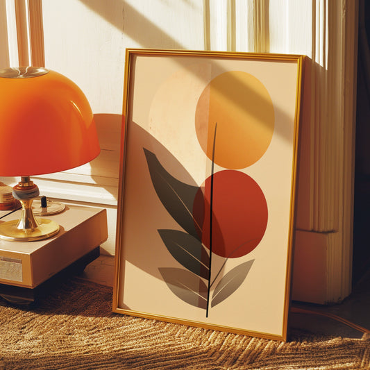 An abstract botanical poster featuring geometric plant elements in warm earth tones, placed beside a vintage orange lamp on a wooden floor.