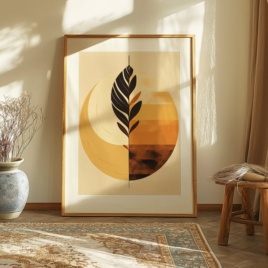 A geometric plant poster in earth tones, displayed on a window sill with a cityscape view in the background, blending mid-century modern and minimalist design.